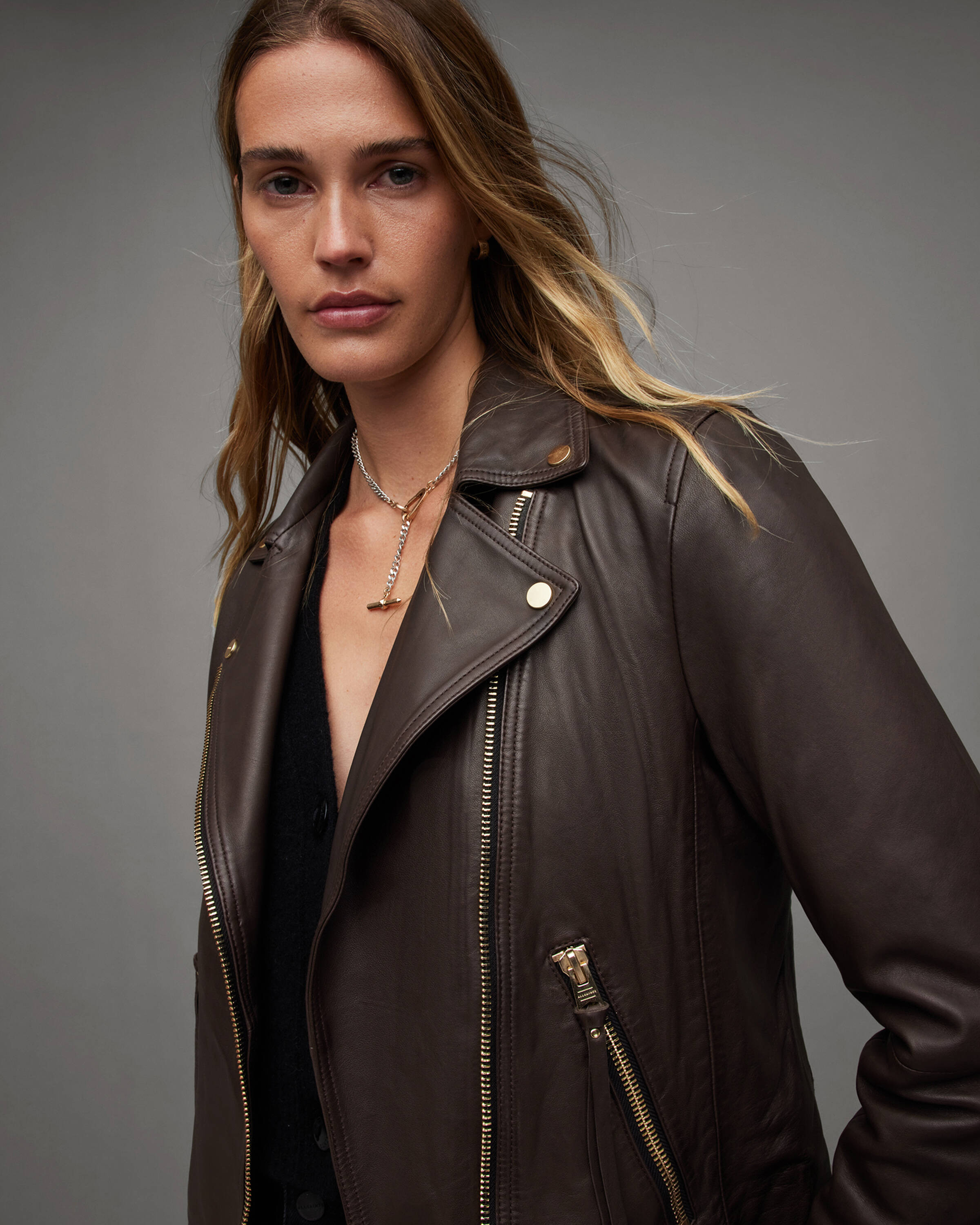 Dalby Slim Fit Leather Jacket Biker COGNAC BROWN | ALLSAINTS US | AllSaints US