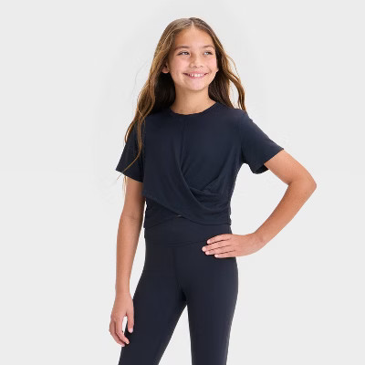 Girls' Twist Front Ribbed T-Shirt - All In Motion™ Black M | Target