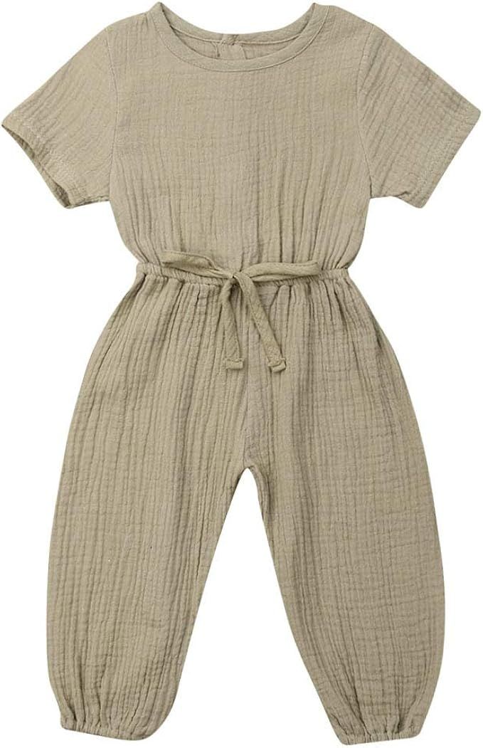 Mubineo Toddler Baby Girl Summer Fall Basic Plain Short Sleeve Cotton Linen Drawstring Romper Jum... | Amazon (US)
