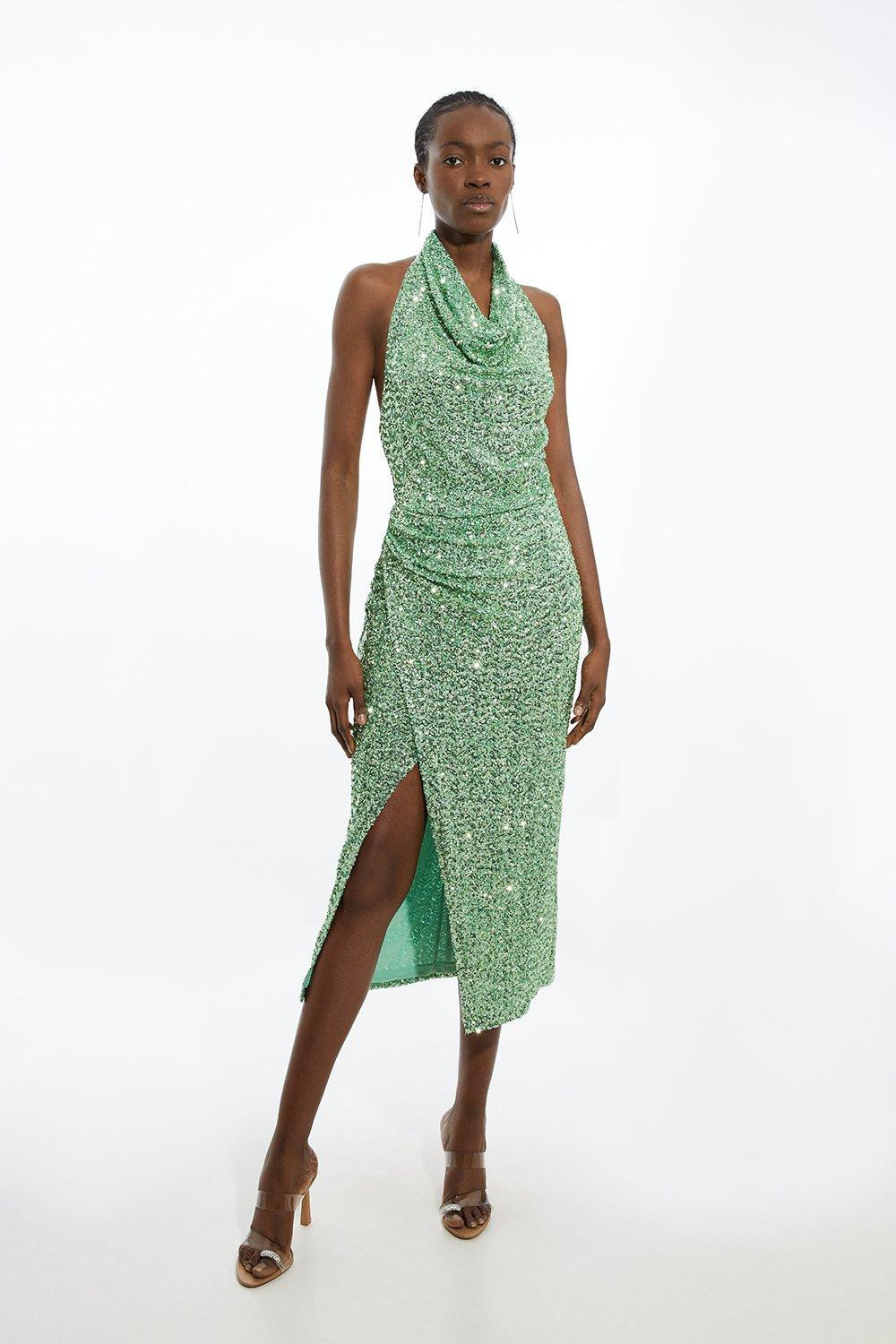 Halter Jersey Stretch Sequin Midi Dress | Karen Millen UK + IE + DE + NL