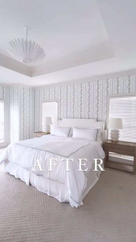 Bedroom makeover!
Before and after primary bedroom 
King bed chinoiserie white bed light wood nightstand tables hobnail ball lamps grandmillennial style wallpaper bedding lighting light fixture chandelier lamps 

#LTKstyletip #LTKhome #LTKFind