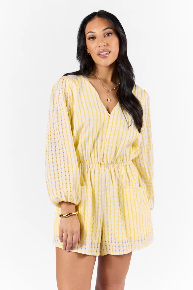 Set On You Yellow Gingham Long Sleeve Romper | Pink Lily