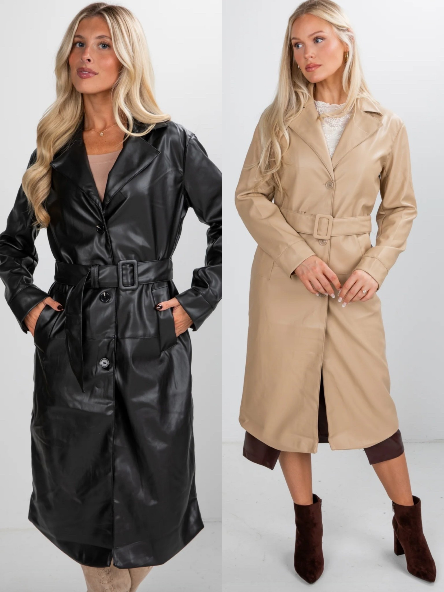 $38 leather trench coat for 24 hours only. Regular $64. Available in black and taupe. Sizes Small - X-Large 

#LTKHoliday #LTKmomlife #LTKSaleAlert