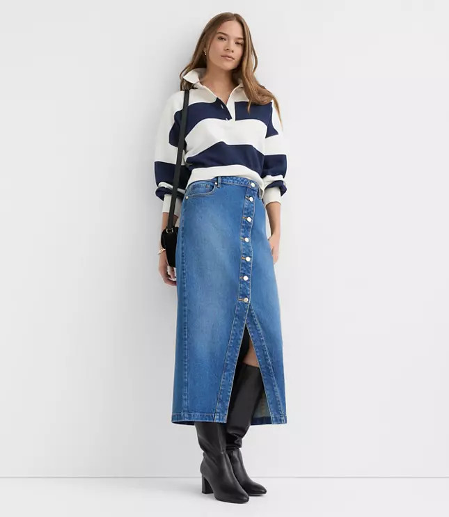 Cutaway Denim Midi Skirt in Modern Indigo Wash | LOFT