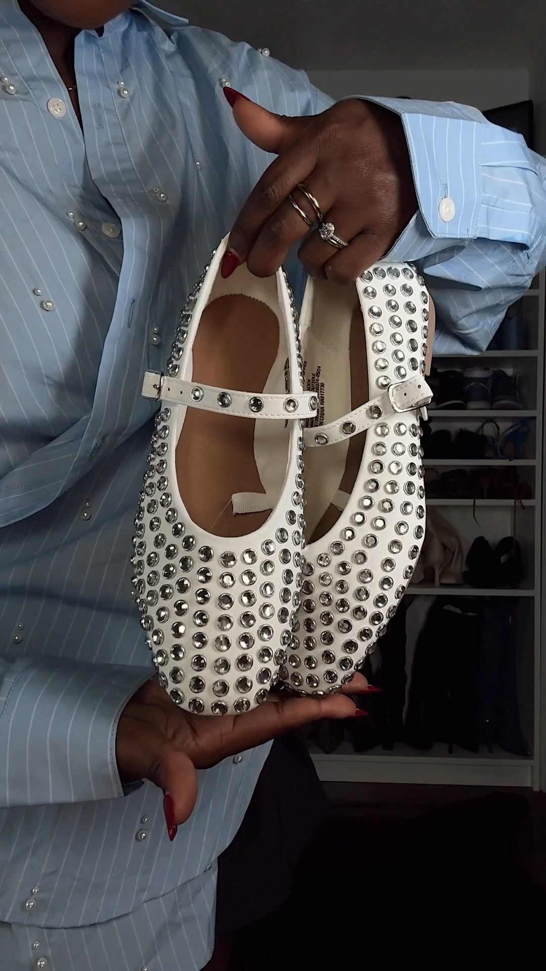 Asymmetrical oversized blue and white button down with pearl details paired with a grey bubble skirt and rhinestone white flats 

#LTKShoeCrush #LTKFindsUnder100