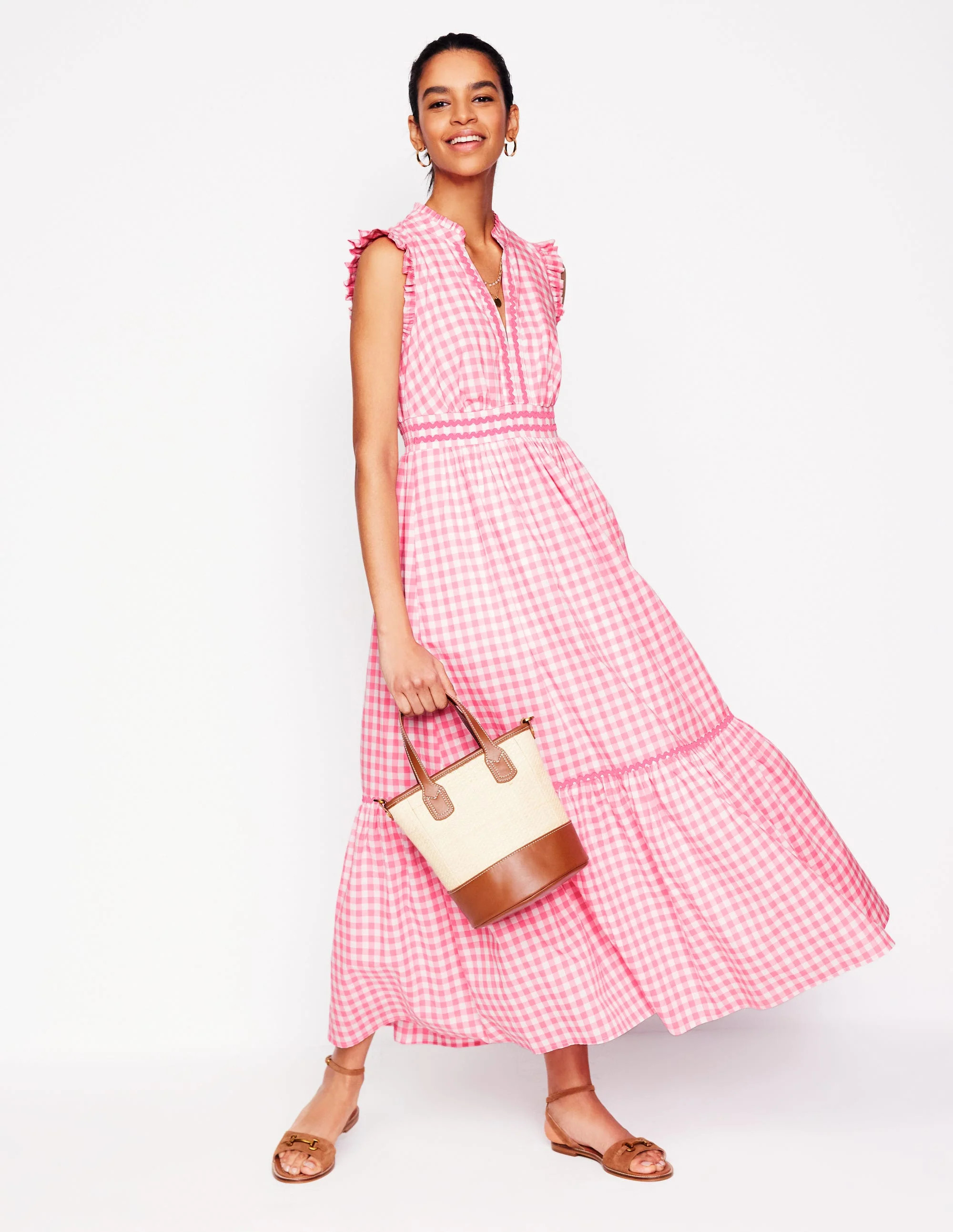 Wren Tiered Midi Dress-Salmon Pink Gingham | Boden UK