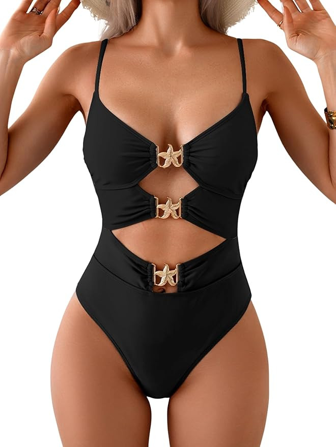 Eomenie One Piece Swimsuit for Women Cutout Monokini Sexy Bathing Suit Metal Swim Suit | Amazon (US)