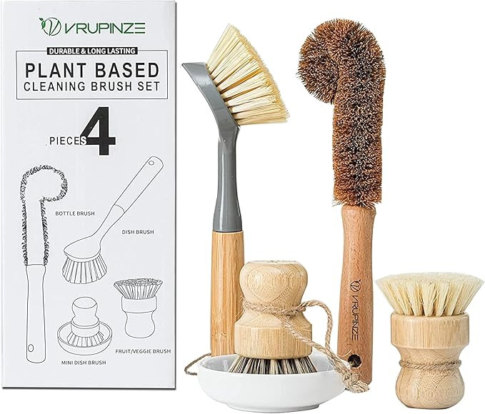 Natural Bamboo Dish Brush Bottle Scrub Brush 4-Piece Set, with Ceramic Soap Dispenser - Wooden Wa... | Amazon (US)