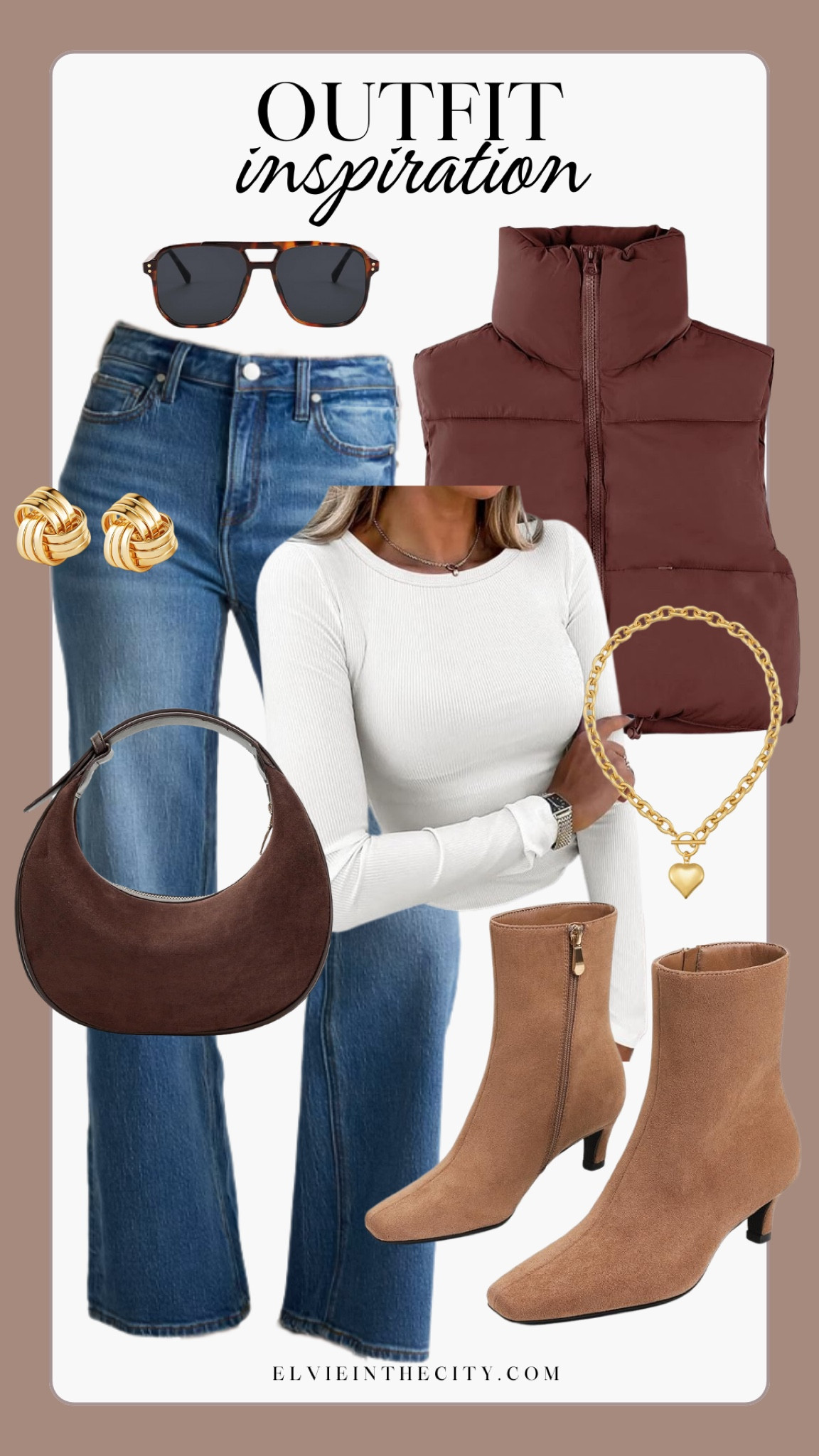 This outfit takes a basic white tee and jeans and elevates it, with gold earrings, a gold link heart necklace, tortoise shell sunglasses, a puffer vest, a chocolate brown shoulder bag and faux suede boots.

Ootd, winter outfit, amazon fashion, affordable fashion, petite fashion, fashion over 40, over 50 style

#LTKFindsUnder50 #LTKOver40 #LTKPetite