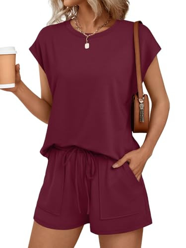 AUTOMET Womens Lounge Two 2 piece Sets Summer Spring Cruise Outfits 2026 Matching Beach Vacation Clothes Travel Sweatsuits Sweat Casual Romper Shorts Fashion Trendy Clothing Loungewear Wine Red S | Amazon (US)