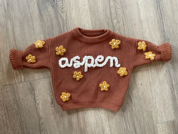 Custom FLOWER Baby + Toddler Name Sweater, Personalized Hand Embroidered Knit Sweater | Etsy (US)