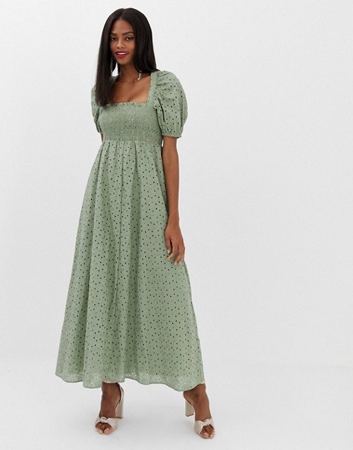 ASOS DESIGN shirred bustier maxi dress with puff sleeve in broderie | ASOS US