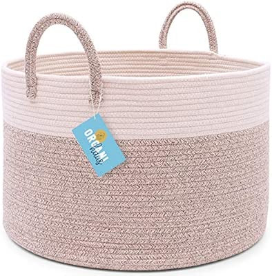 OrganiHaus XXL Extra Large Cotton Rope Basket | 20"x13.5" Blanket Storage Basket with Long Handle... | Amazon (US)