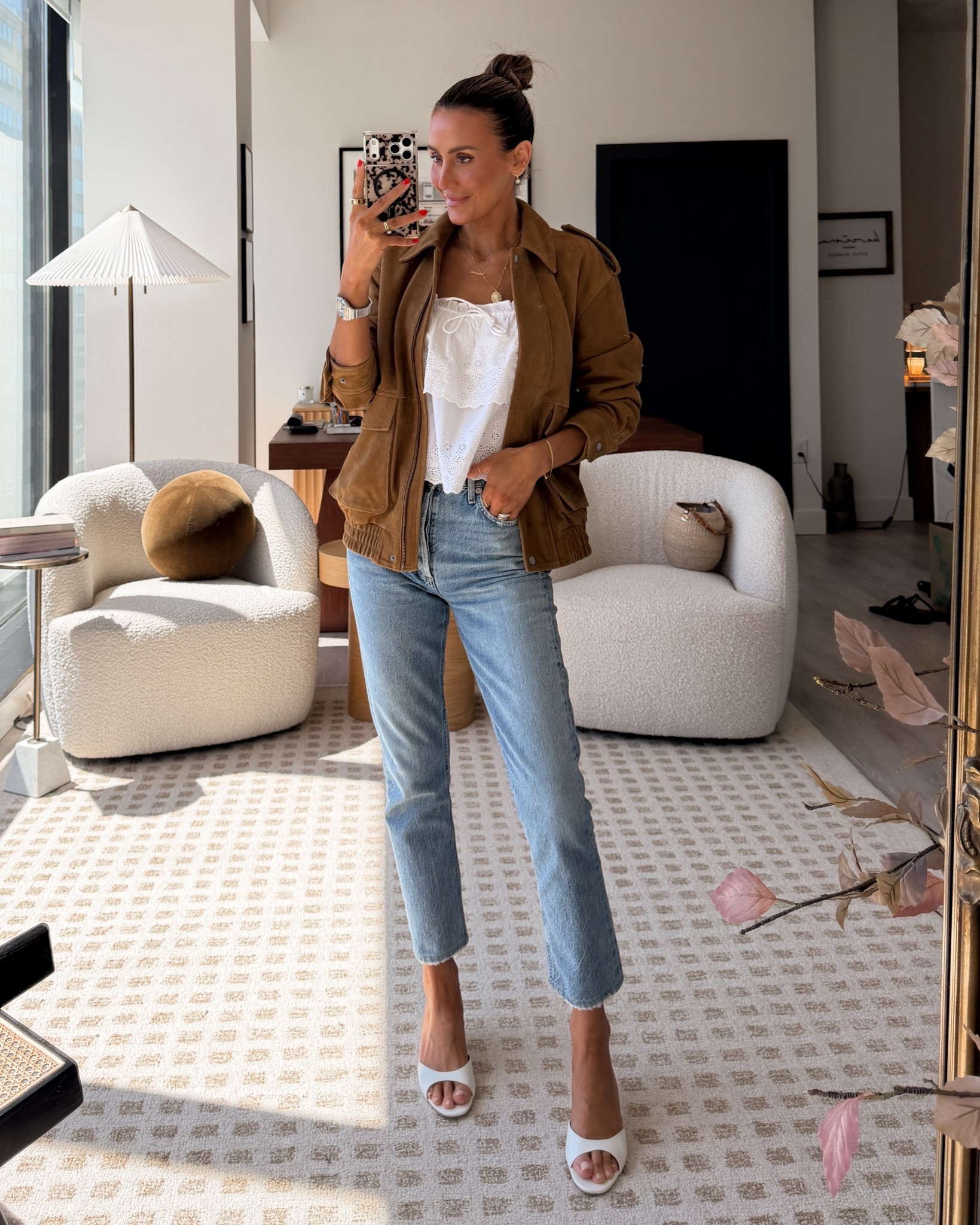 What I’m Wearing to the office on a chilly sunshine Monday! This eyelet tiered top instantly makes everything more summery! These jeans are the trendiest cut right now! High waisted and cigarette silhouette- suede jacket xs - perfect for transitioning weather. Top small 

#LTKootd #LTKMothersDay #LTKFestival