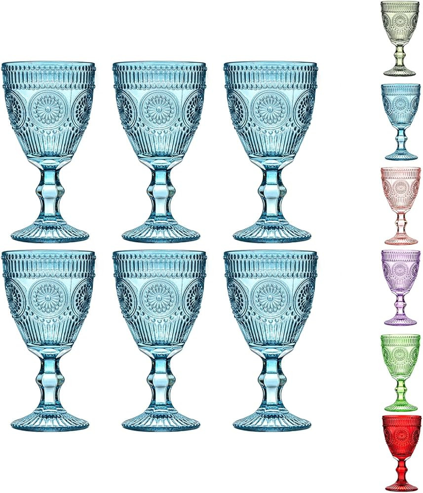 Blue Vintage Wine Glasses Set of 6, 10 Ounces Colored Glass Water Goblets, Unique Floral Embossed... | Amazon (US)