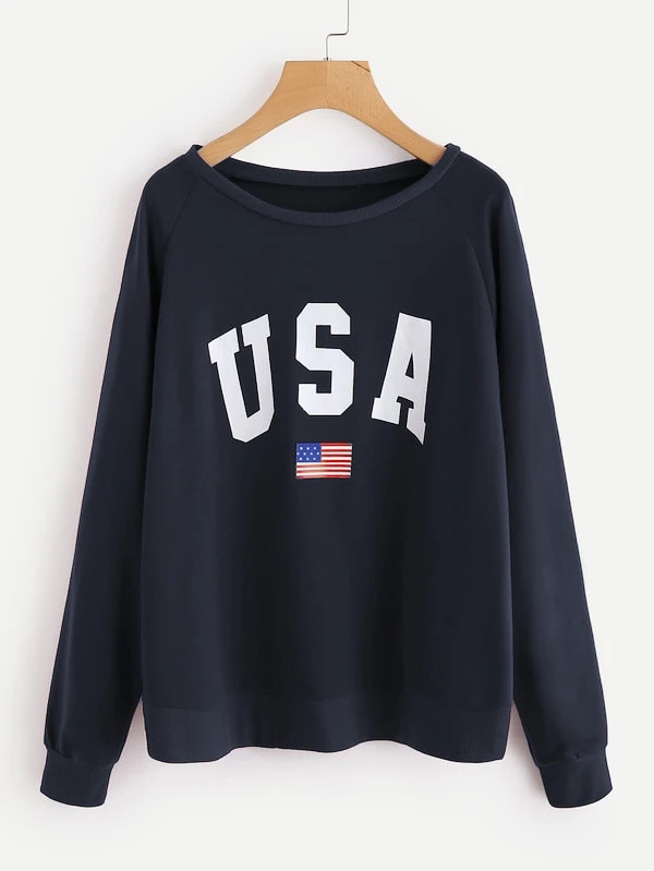 Raglan Sleeve Letter & American Flag Print Sweatshirt | SHEIN