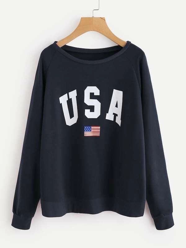 Raglan Sleeve Letter & American Flag Print Sweatshirt | SHEIN