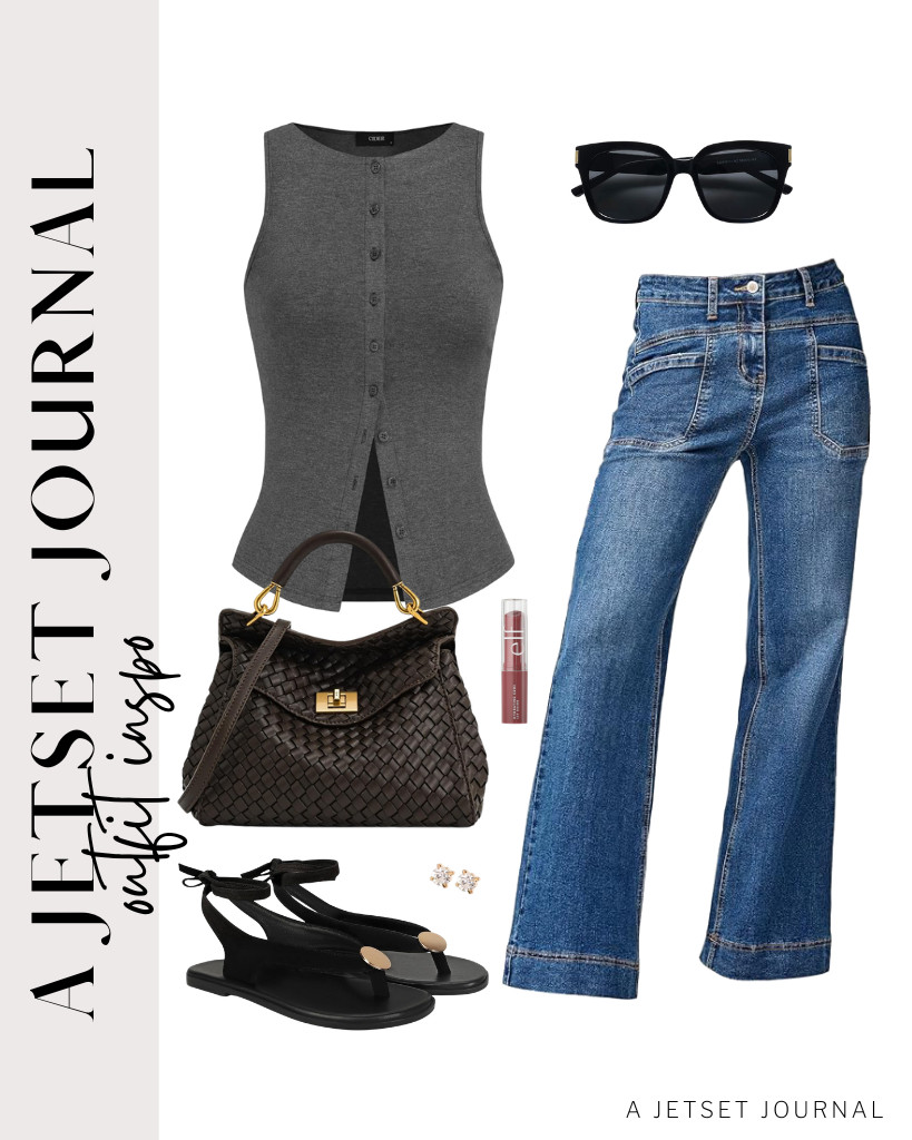 A dark-gray CIDER button-down tank and wide-leg jeans combo is our next outfit. For this look, you can wear these flat black sandals and SOJOS polarized sunnies. Carry this JW PEI top handbag to finish the look.

#LTKSeasonal #LTKSaleAlert #LTKTravel
 

 