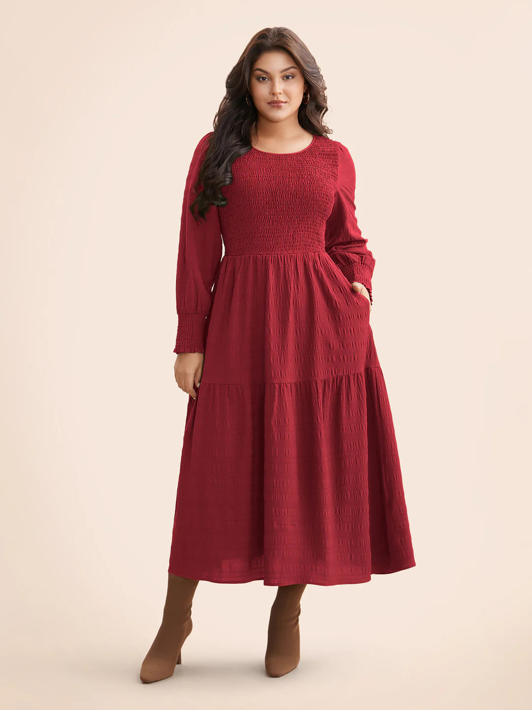 Plain Textured Shirred Midi Dress | Bloomchic
