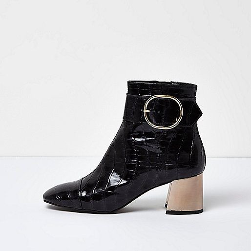 Black croc leather buckle ankle boots | River Island (UK & IE)