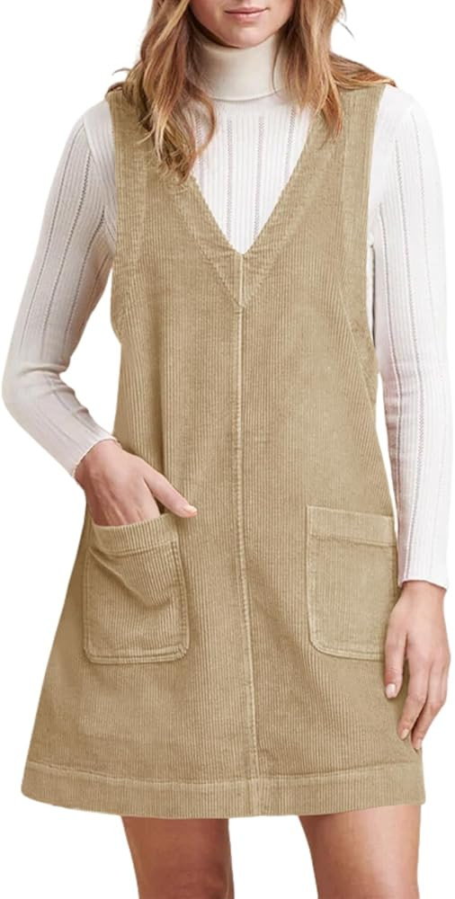 Tongmingyun Womens Corduroy V Neck Pinafore Overall Mini Dress Casual Sleeveless Tank A Line Jump... | Amazon (US)