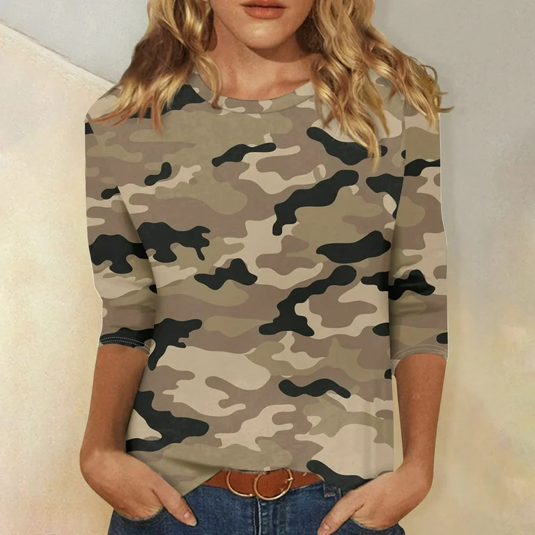 SAATLERI 3/4 Length Sleeve Womens Tops Camo Shirt Printed Crew Neck T Shirts Loose Three Quarter ... | Walmart (US)