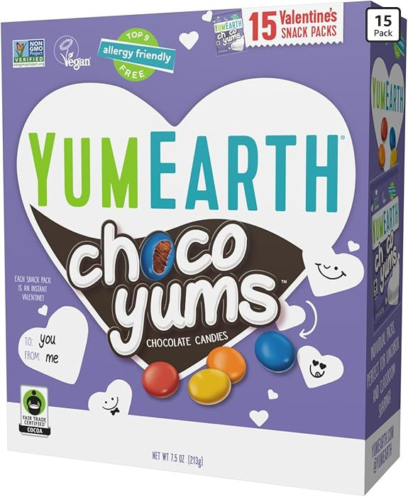 YumEarth Valentine's Choco Yums, 15 Individually Wrapped Snack Packs, Allergy Friendly, Gluten Fr... | Amazon (US)