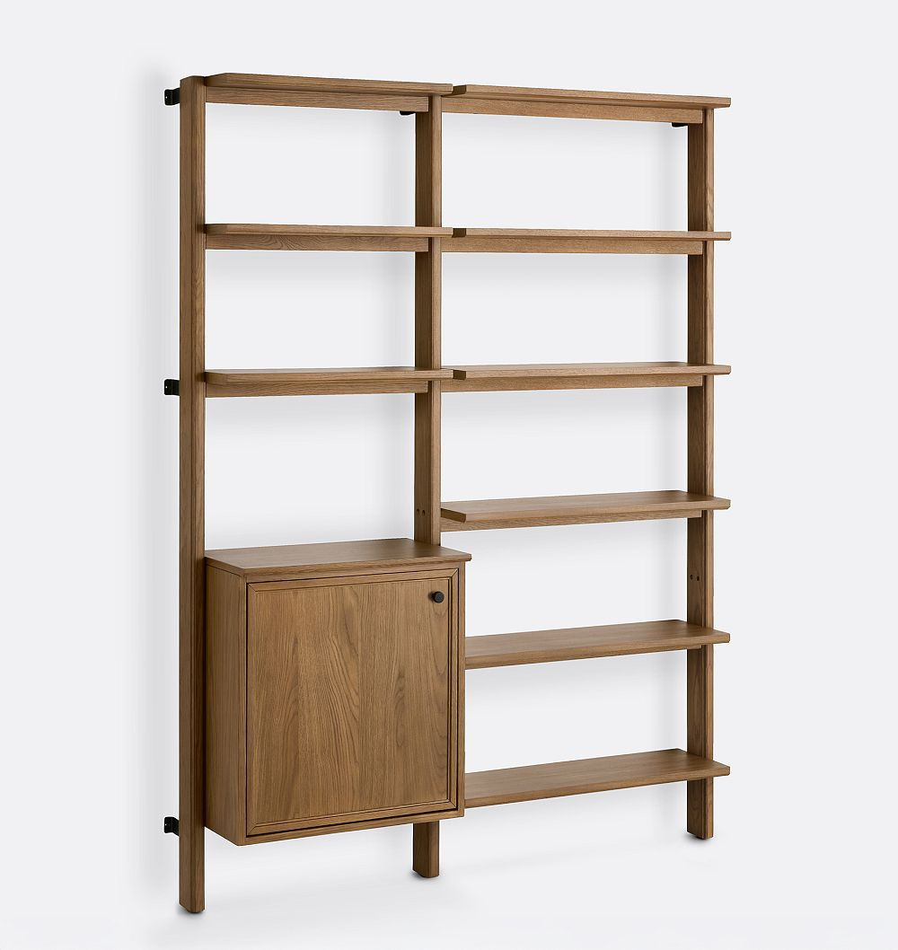Fairfield Double Modular Shelving, 80" Rail, 60.5" W/ 1 Single Door, Medium Oak W/ Oil-Rubbed Bronze | Rejuvenation