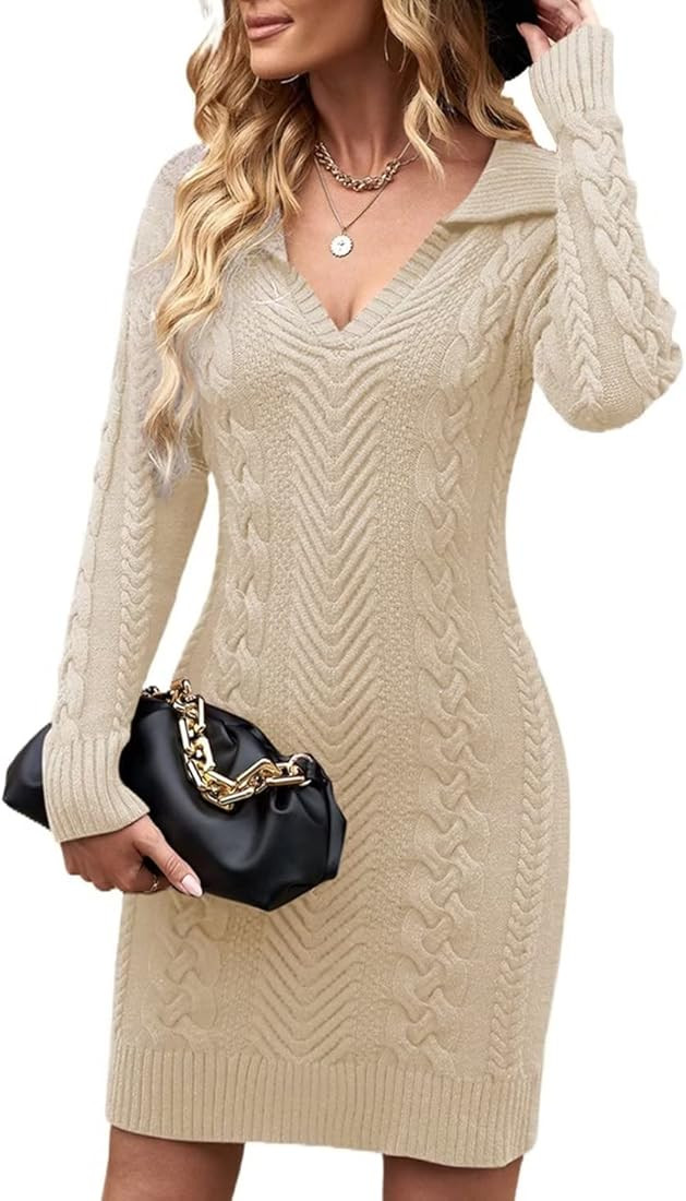 BLENCOT Womens V Neck Elasticity Slim Dress Chunky Cable Knit Pullover Sweaters Jumper S-XL | Amazon (US)