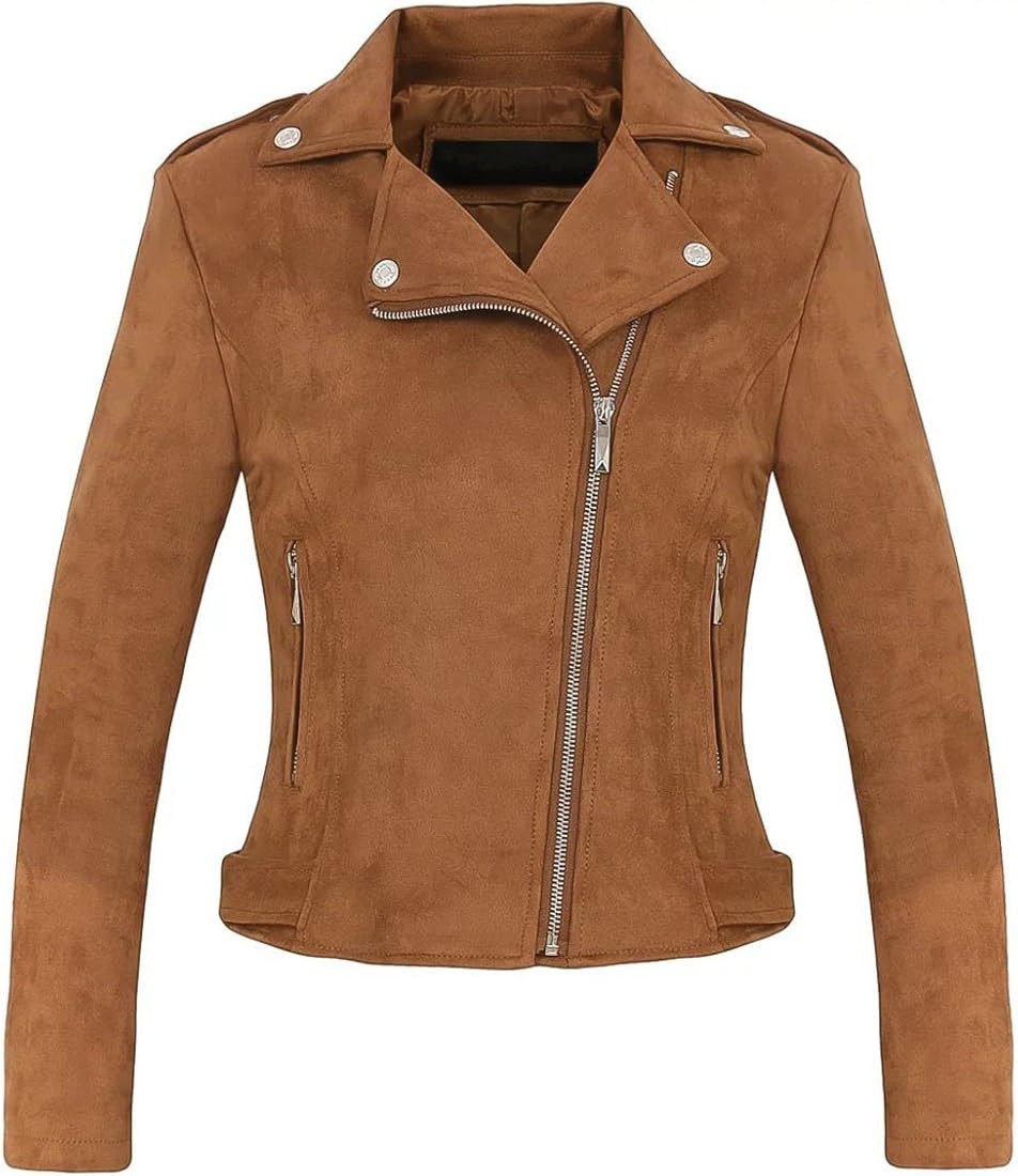 CHARTOU Women's Stylish Notched Collar Oblique Zip Suede Leather Moto Jacket | Amazon (US)