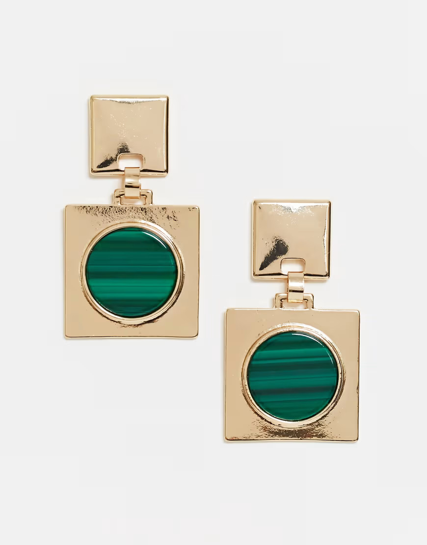 ASOS DESIGN earrings with green stone square drop in gold tone | ASOS (Global)