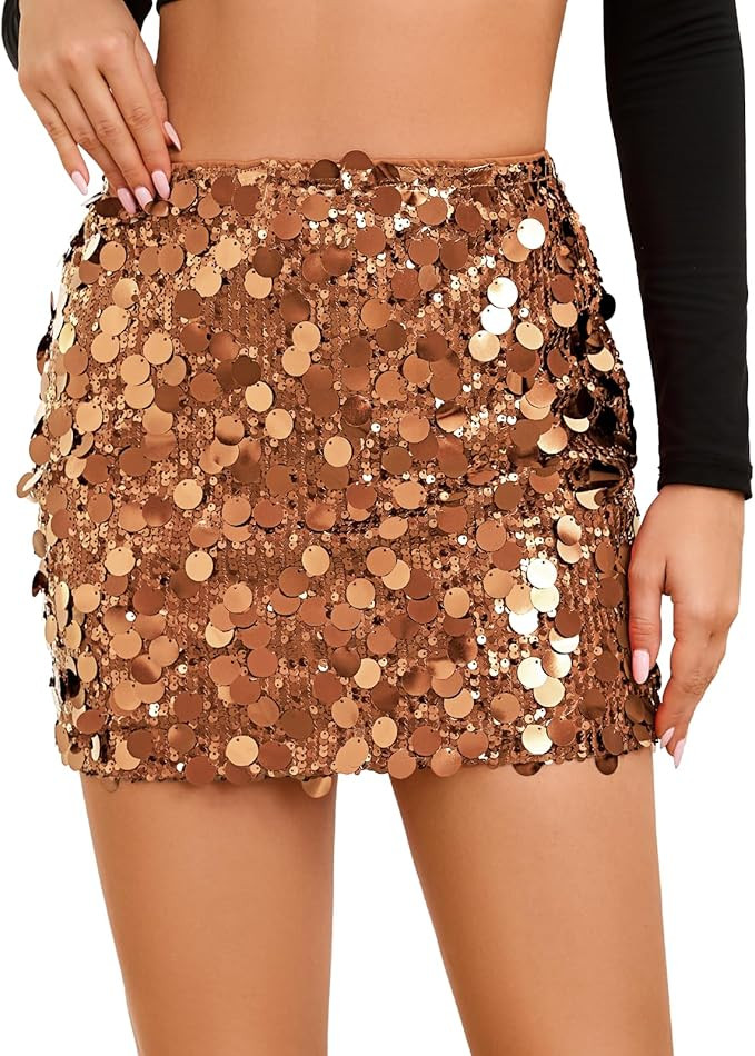 Sequin Skirt for Women Stretchy Bodycon Mini Skirts Sexy Sparkly Skirt Glitter Shiny Skirt Night ... | Amazon (US)