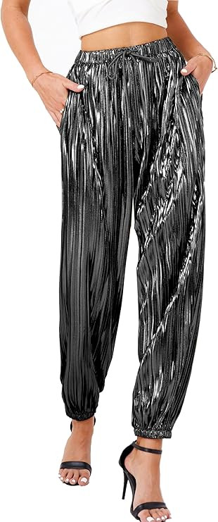 heipeiwa Women's Metallic Pleated Sequin Shiny Joggers Pants Party Club Wear Sweatpant Trouser | Amazon (US)