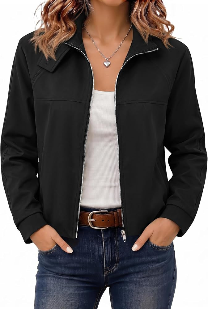 LOMON Jackets for Women Zip Up Funnel Neck Cropped Jackets With Pockets | Amazon (US)