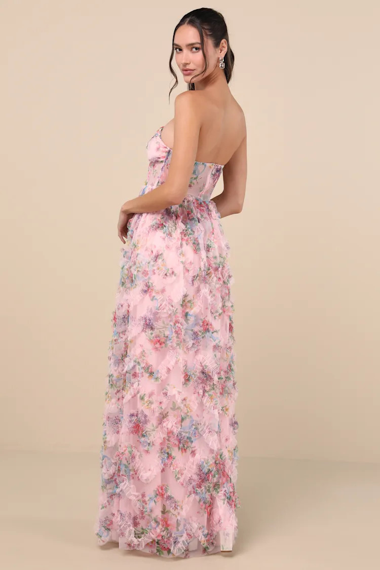 Stunning Element Pink Floral Mesh Ruffled Strapless Maxi Dress | Lulus