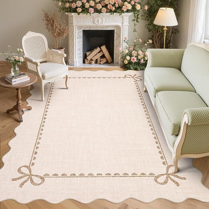 GarveeHome Scalloped Bow Rug for Living Room, Solid Beige Rug for Dorm, Washable Rugs 8x10 Soft L... | Amazon (US)