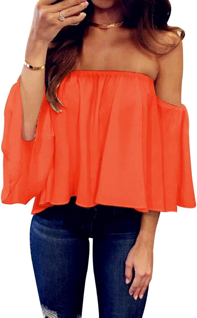 Women's Summer Off Shoulder Blouses Short Sleeves Sexy Tops Chiffon Ruffles Casual T Shirt | Amazon (US)