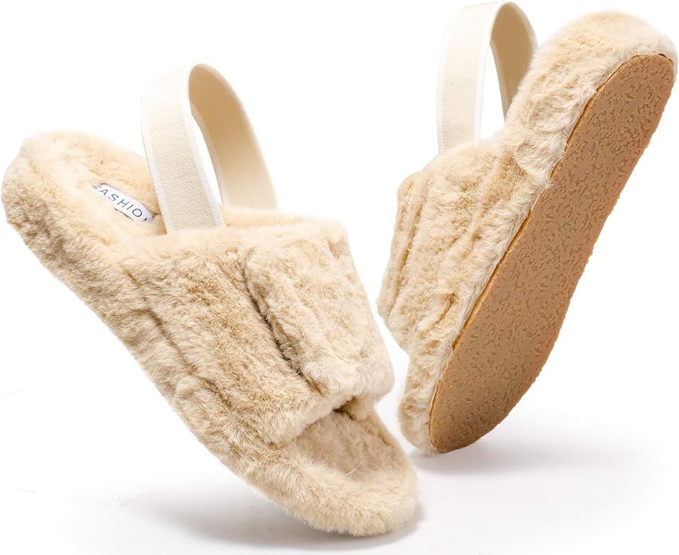 Women's Slippers with Arch Support - Soft Plush Furry Cozy Open Toe Orthotic House Slippers Sanda... | Amazon (US)