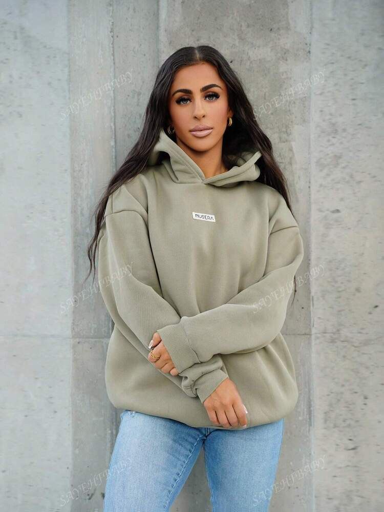 SAYEHFBABY Logo Text Embroidery Patch Oversized Hoodie Relaxed Sweatshirt Back To School Autmun Winter Cosy Fall Chritmas Cute Casual Everyday Y2K Streetwear Capsule Wardrobe Olive Green | SHEIN