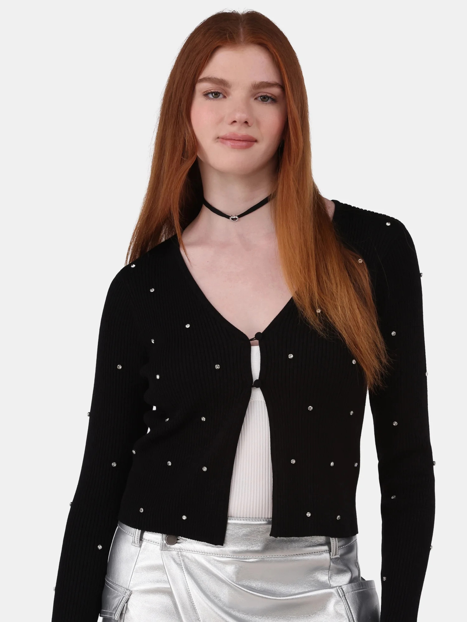 No Boundaries Ribbed Rhinestone Cardigan, Women’s and Women’s Plus | Walmart (US)