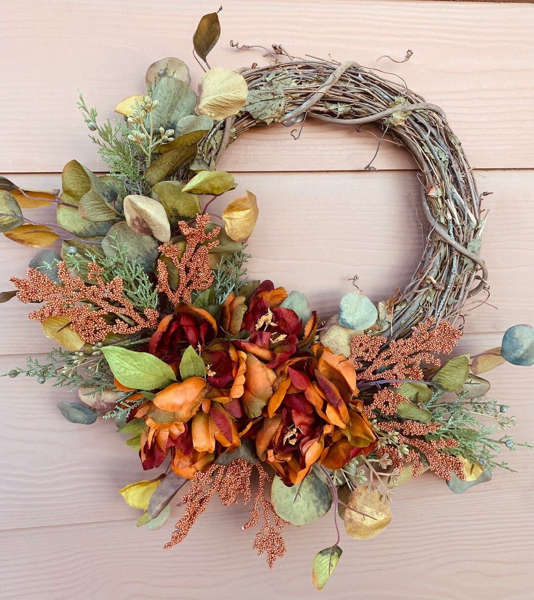 Fall wreath, Peony wreath, boho wreath, grapevine wreath, burnt orange wreath | Etsy (US)