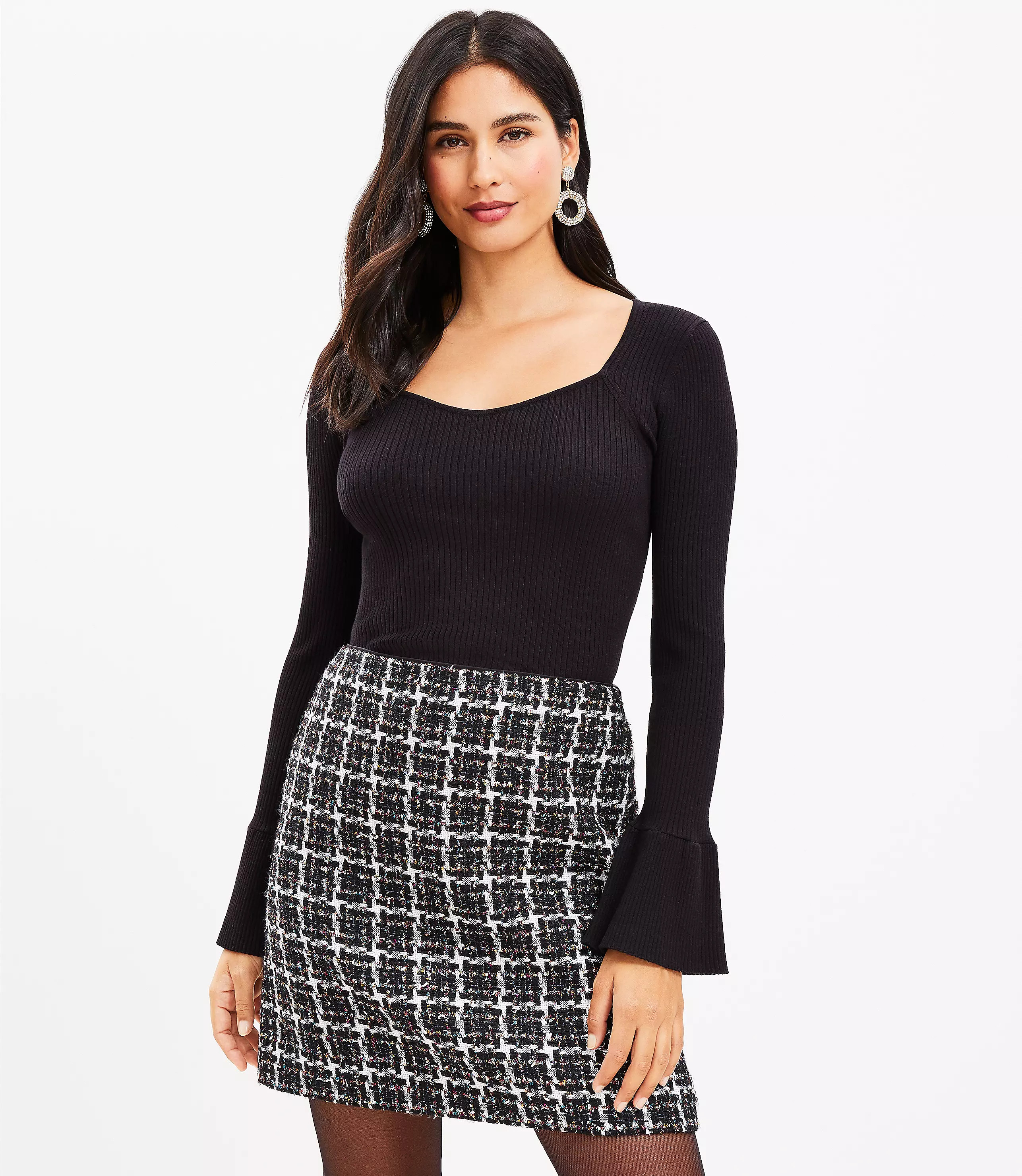 Ribbed Sweetheart Neck Flare Cuff Sweater | LOFT