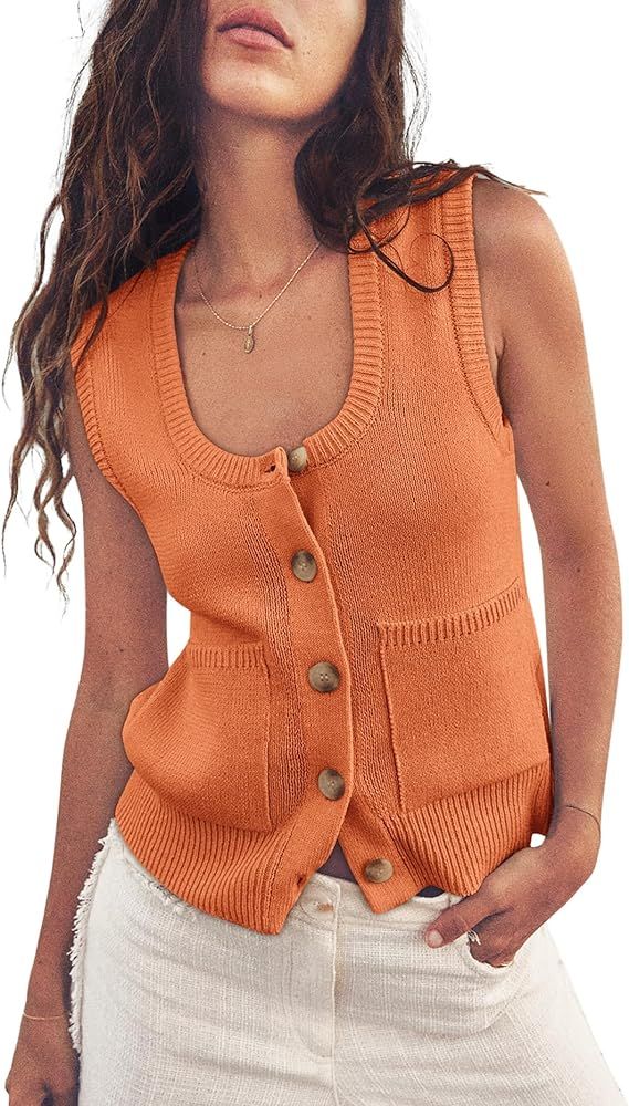 Yousify Womens Sweater Vest Summer Ribbed Tank Tops Sleeveless Button Down Shirts Scoop Neck Top ... | Amazon (US)