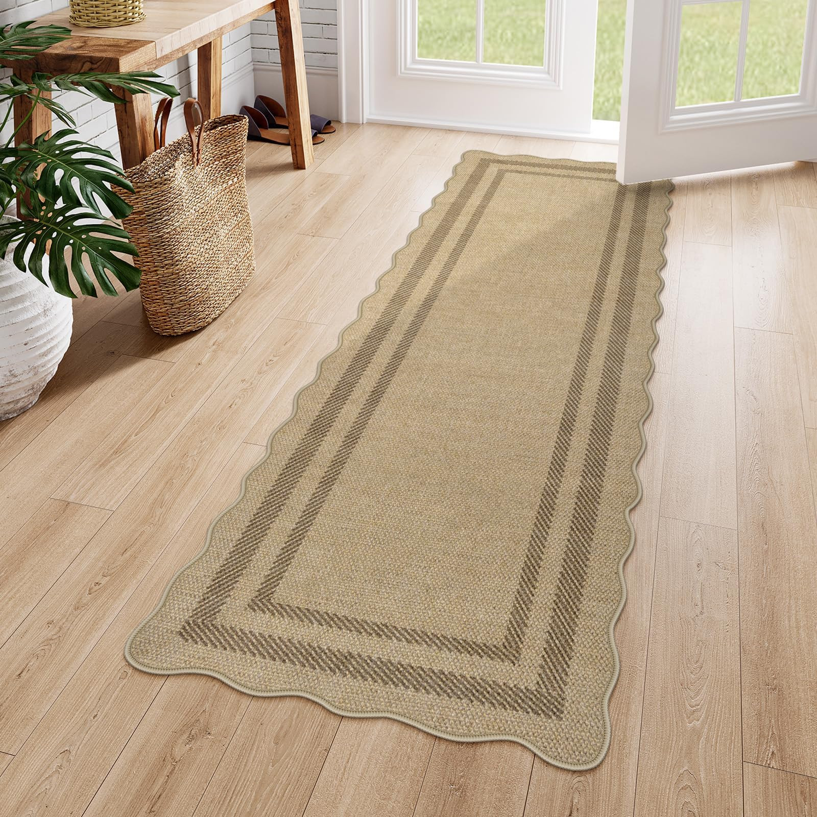LIVEBOX Scalloped Washable 2x6 Kitchen Runner Rug, Easy Jute Geometri Tan Rugs for Entryway, Indo... | Amazon (US)