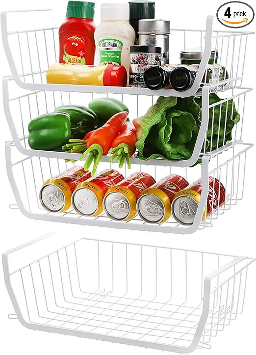 Tebery 4 Pack White Stackable Under Shelf Wire Baskets Pantry Organizer, Under Cabinet Storage Sp... | Amazon (US)
