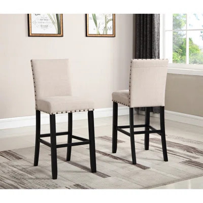 2 Grey Bar Stools - Hardwood Frame & Nailhead Detail, 44"H, 30"H Seat, 16"X23 2 Solid Hardwood, Trim, 16"X23" Dimensions | Wayfair North America