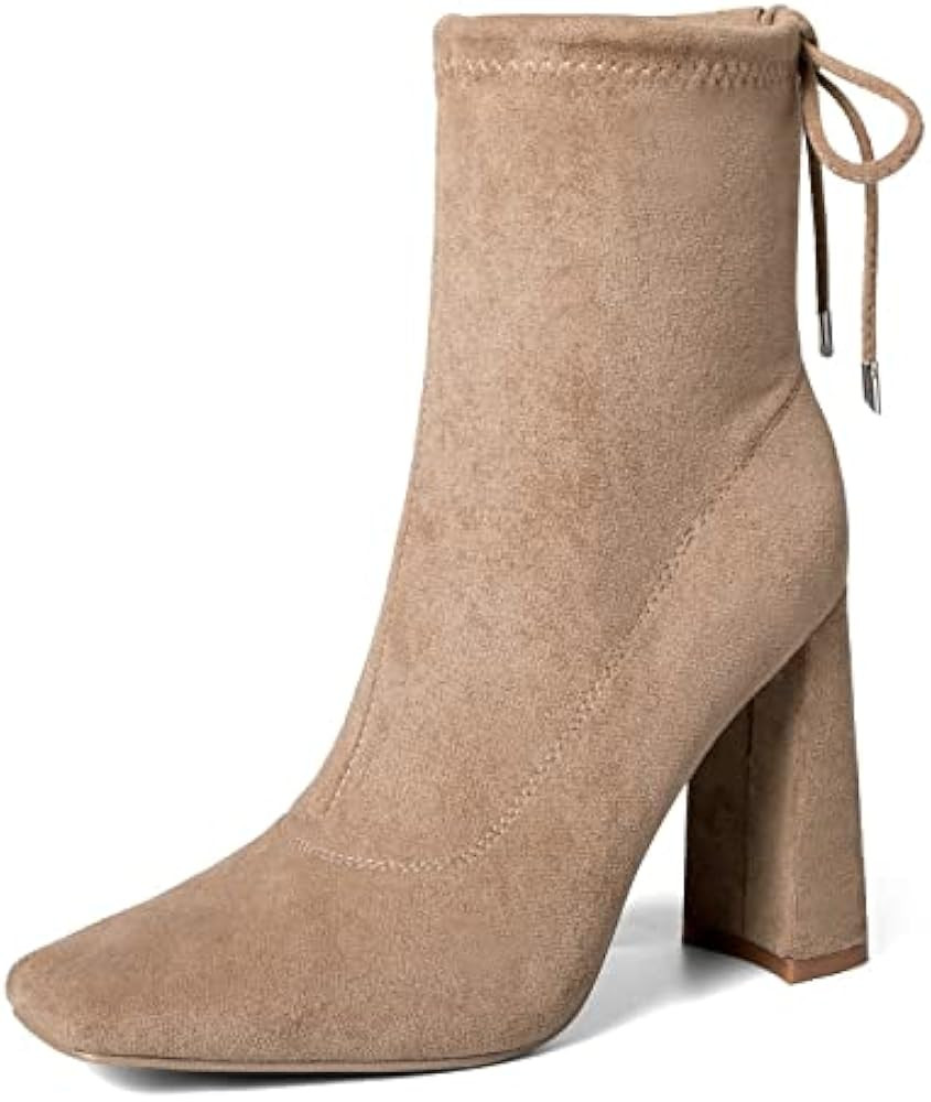 mysoft Women's Fashion Ankle Boots Square Toe Chunky Block High Heel Mid Calf Lace Up Booties | Amazon (US)