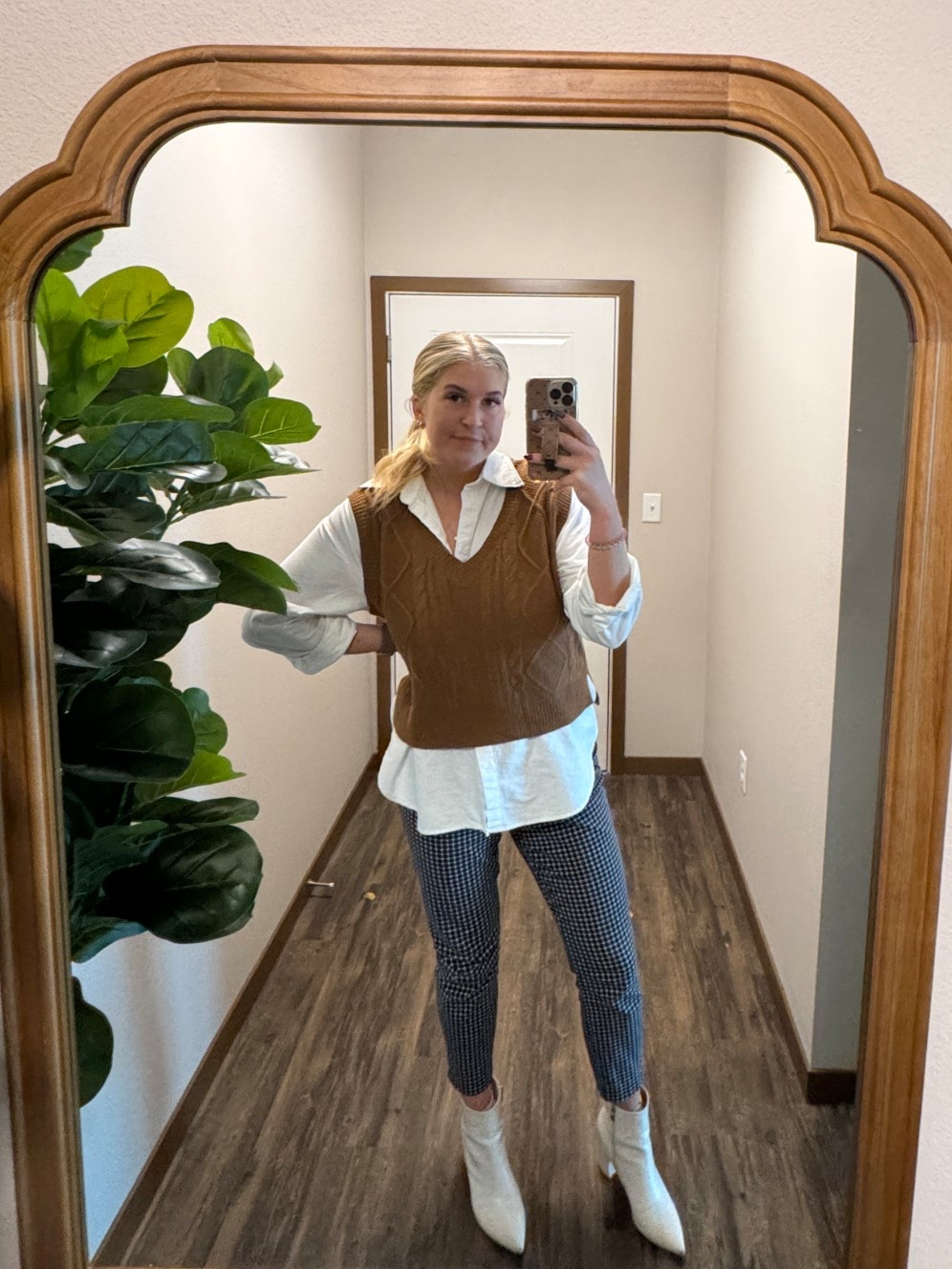 What I wore to the office this week! Chic outfits, business outfits, office wear, work wear, business casual, knit vest, white booties, trousers, work pants 

#LTKShoeCrush #LTKWorkwear #LTKMidsize