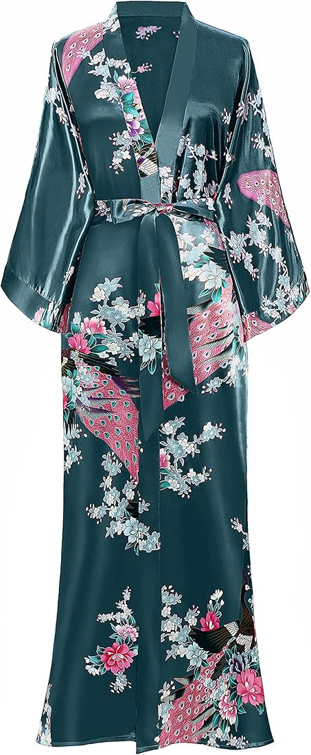 Women's Kimono Robe Long Robes with Peacock and Blossoms Printed Kimono Nightgown | Amazon (US)