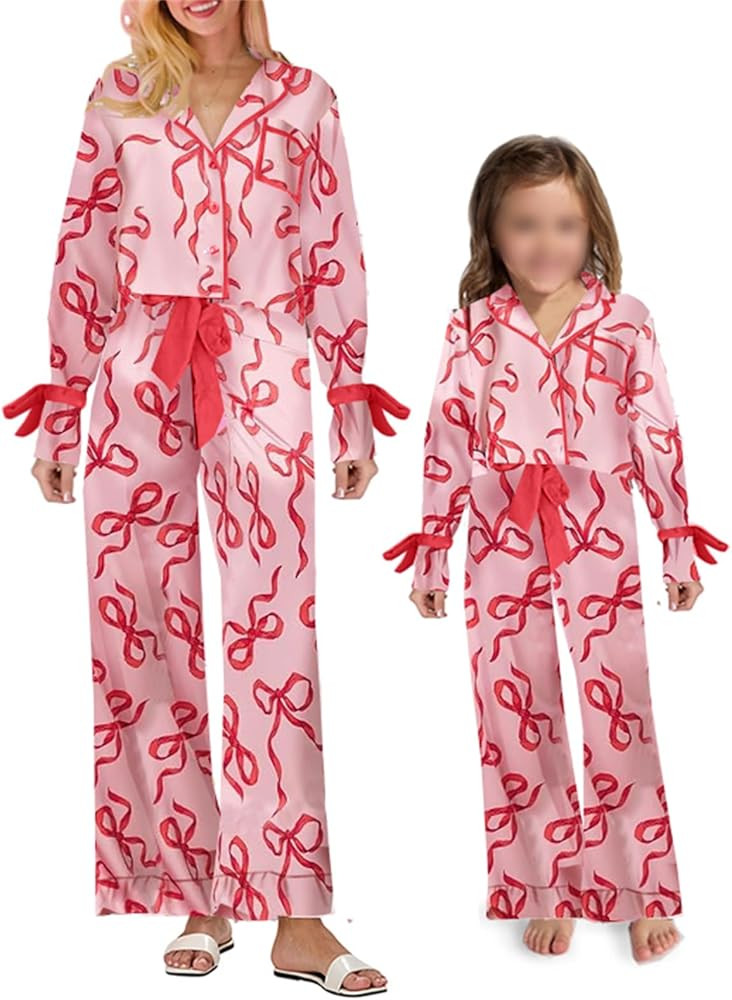 Mommy and Me Christmas Christmas Matching Set Pajamas Set Bow Tie Sleeve Shirt Pants 2 Piece Xmas... | Amazon (US)
